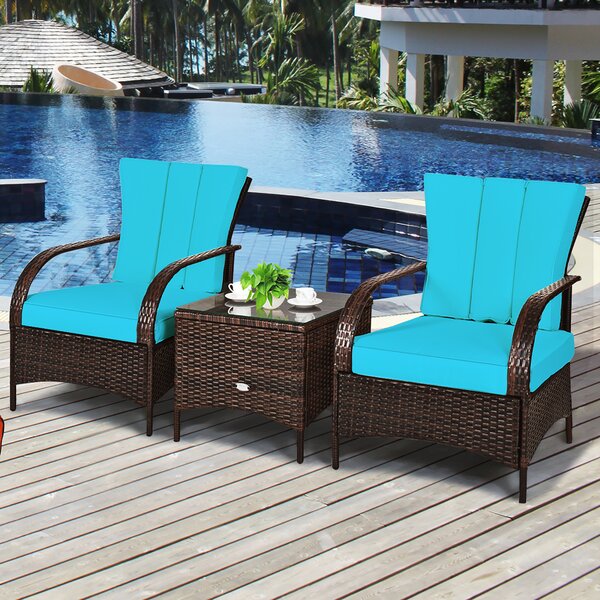Winston Porter 3pcs Outdoor Rattan Conversation Set Patio Garden Cushioned Sofa Chair Turquoise